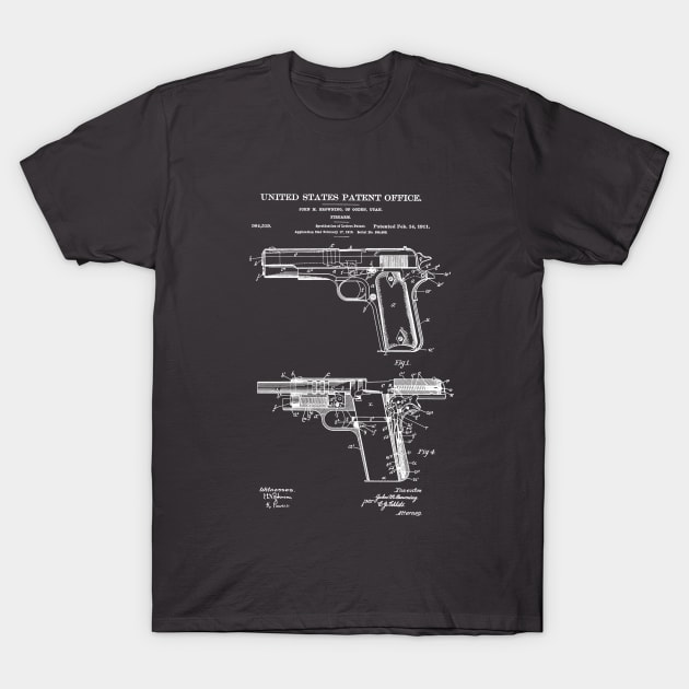 Firearm Colt 1911 Patent White T-Shirt by Luve